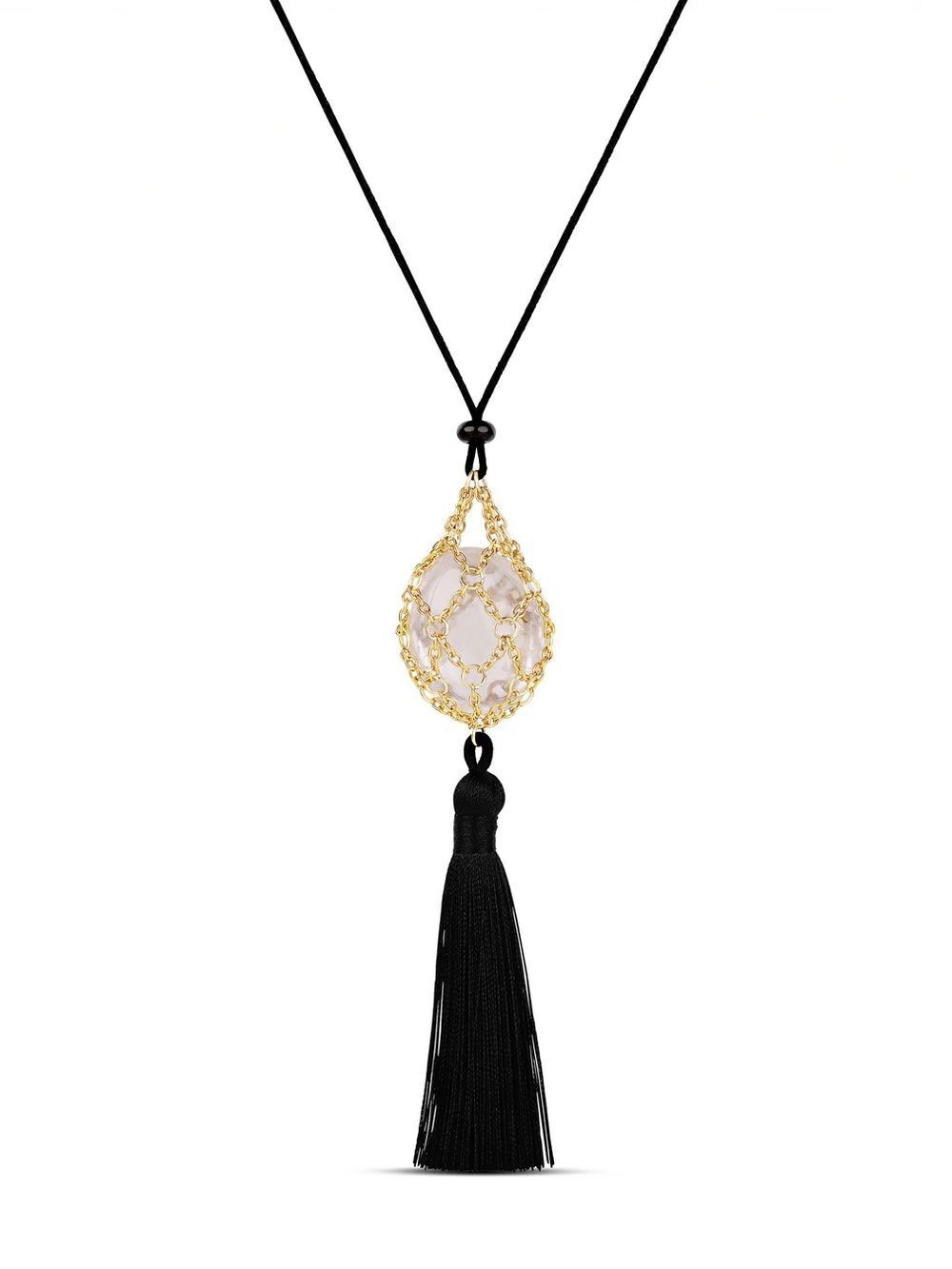 Crystal Net Tassel Necklace Gold